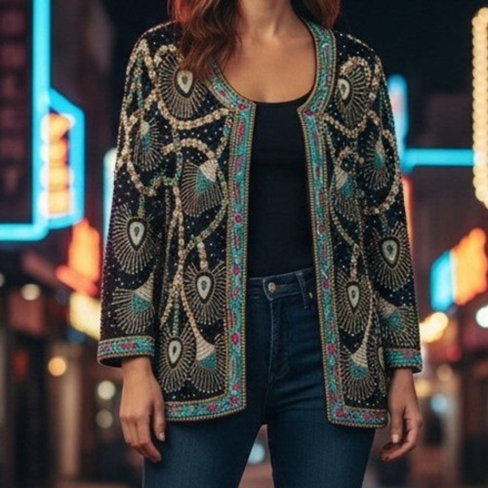 Carina Silk Beaded Evening Jacket Women's 3X Black Art Deco Sequin Vintage 80's